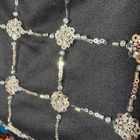 Adrianna Papell Beaded Mesh Top Black Sequin Puff Sleeve Sheer Blouse NWT Sz L - Picture 7 of 10